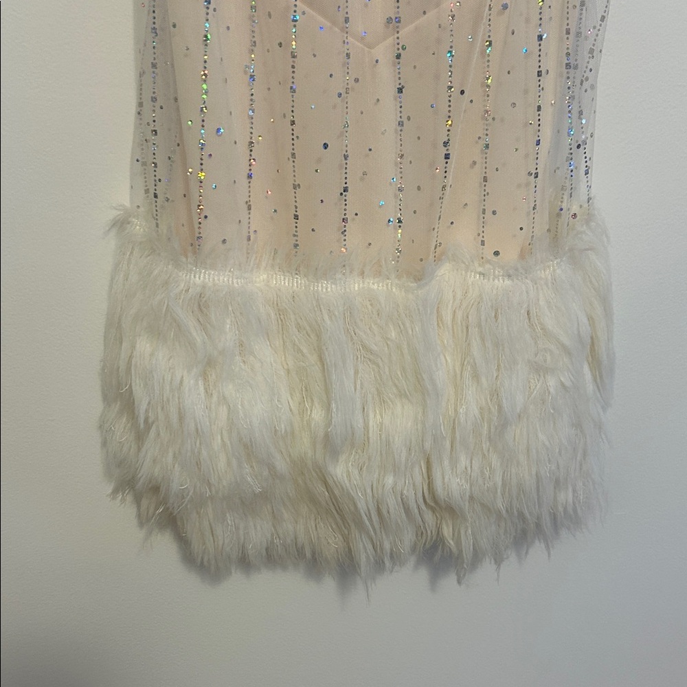 Sparkling Beige Dress with Faux Fur Hem - Picture 5 of 10